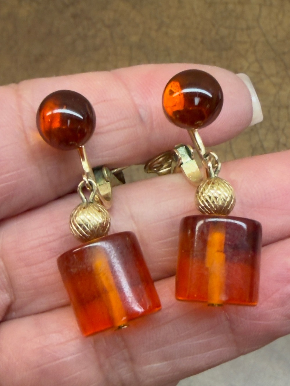 Gold-Tone Crown Trifari Amber Drop Clip-On Earrings - Amber Color